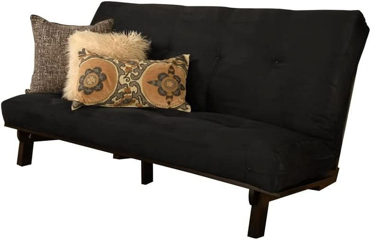 Full Size Futon Frame Mattress Set - Java Brown Finish Wood Futon Frame with Mattress Included in Suede Black Color